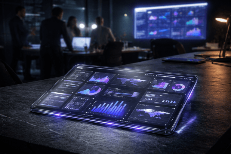 A photorealistic medium-wide cinematic shot, camera positioned approximately 1–2 meters from the subject, capturing a sleek transparent tablet-like analytics dashboard panel resting on a natural black slate desk surface, its surface filled with structured 3D isometric UI components, cards, and charts arranged in a harmonious grid that represents quantitative research workflows and data-driven decision making, clearly readable within a realistic environment. The object integrates subtle electric-purple #7B63FF accents along UI edges, data highlights, and a faint circuitry-like glow beneath the glass, indicating intelligence or activity without overpowering realism. Set in a dimly lit modern data and product team office at night with a Tech-Noir atmosphere, black slate worktable extending into the foreground, additional monitors and a large wall-mounted dashboard screen softly glowing in the background, blurred silhouettes of a diverse group of professionals standing and sitting around the workspace in candid collaboration, open laptops, notebooks, and cables subtly visible to ground the scene in reality. Lighting is low-key and practical, coming from the dashboard screens, desk lamp, and a cool window glow, complemented by a soft integrated white spotlight from above and slightly to the side that gently reveals the form, texture, and depth of the tablet panel and slate surface, casting controlled reflections and shadows. Cinematic realism, 35mm lens look, natural shallow-to-medium depth of field keeping the analytics panel sharply in focus while the people and background fall into a soft blur, neutral corporate tones with restrained electric-purple neon accents, premium materials, ultra-detailed, 8K, no captions, no text overlays, no watermarks.