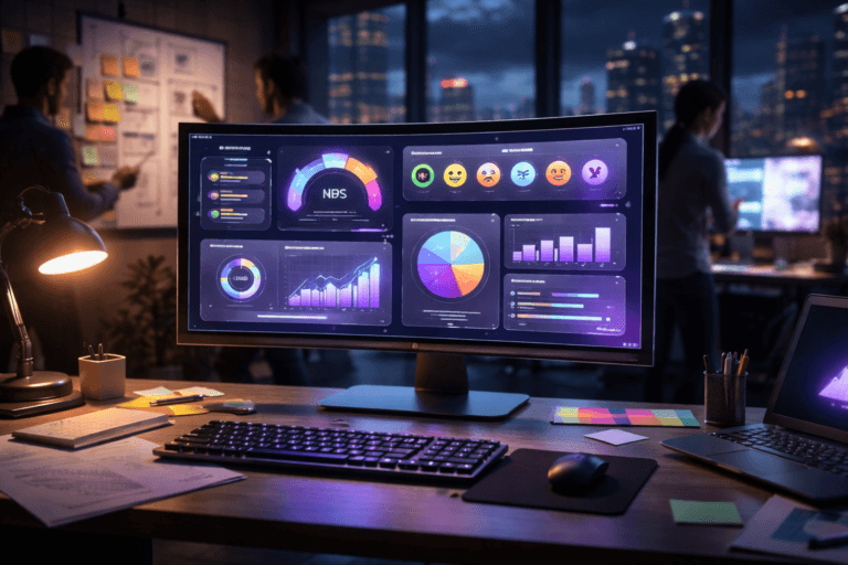 A photorealistic medium-wide cinematic shot, camera positioned approximately 1–2 meters from the subject, capturing a sleek curved desktop monitor on a designer’s desk as the hero object, its screen filled with a contemporary isometric 3D UI composition of customer satisfaction dashboards, NPS graphs, emoji-style rating scales, and clean interface elements, all organized in a visually balanced layout with no readable text, clearly readable within a realistic environment. The object integrates subtle electric-purple (#7B63FF) accents in highlights, UI glows, and edge lighting indicating intelligence or activity without overpowering realism. Set in a modern Tech-Noir product design studio at night, high up in a glass-walled office overlooking a moody city skyline with soft neon reflections and distant clouds, with natural human presence in the background and periphery: diverse UX designers moving around, one slightly out of focus reviewing sticky notes and wireframes pinned near the monitor, others collaborating by a secondary screen. Lighting is low-key and practical, coming from the monitor, a nearby laptop, and a desk lamp, complemented by a soft integrated white spotlight from above, gently revealing form, texture, and depth in the monitor, desk surface, scattered sketch papers, and colorful sticky notes. Cinematic realism, natural depth of field, premium materials, ultra-detailed, 8K, no captions, no text overlays, no watermarks.