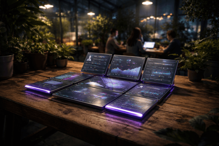 A photorealistic medium-wide cinematic shot, camera positioned approximately 1–2 meters from the subject, capturing a sleek real-world hero object composed of thin glass-like interface tiles and modular UI panels arranged in a precise, harmonious grid on a rustic wooden greenhouse workbench, each panel displayed as tablet-like devices with soft backlighting, clearly readable as structured user interface components and user research dashboards within a realistic environment. The object integrates subtle electric-purple #7B63FF accents along the edges of the tiles and on small indicator lights, suggesting intelligence and real-time activity without overpowering realism. Set in a softly lit nighttime urban greenhouse studio, centered on a wooden workbench surrounded by lush potted plants and hanging foliage, with hints of a distant city skyline and neon reflections visible through the glass walls, creating a restrained Tech-Noir atmosphere, with a few out-of-focus, diverse UX professionals in the background casually collaborating over laptops and notes at a side table. Lighting is low-key and practical, coming from overhead greenhouse lamps, laptop screens, and the glowing tiles on the bench, complemented by a soft integrated white spotlight from above and slightly to the side, gently revealing the form, texture, and depth of the devices, wood grain, and leaves. Cinematic realism, 35mm lens look, natural depth of field with the hero object in crisp focus and background pleasantly blurred, neutral corporate tones with restrained electric-purple neon accents, premium materials, ultra-detailed, 8K, no captions, no text overlays, no watermarks.