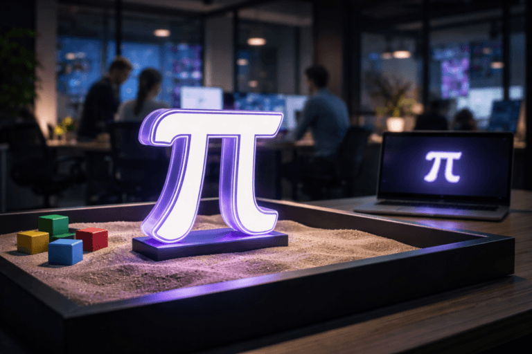 A photorealistic medium-wide cinematic shot, camera positioned approximately 1–2 meters from the subject, capturing a solid 3D acrylic Pi-Shaped logo sculpture in a clean isometric-inspired form, standing on the edge of a sleek tabletop sandbox filled with fine sand and a few neatly arranged, colorful geometric toy blocks, the Pi-Shaped brand logo clearly visible on the front face and echoed subtly on an open laptop screen nearby within a realistic environment. The object integrates subtle electric-purple (#7B63FF) accents along its edges and base, with a faint internal glow suggesting intelligence and activity without overpowering realism. Set in a dimly lit, late-evening innovation lab inside a modern software company, where the sandbox functions as a playful experimentation zone, with glass walls revealing a moody neon cityscape outside, minimalist desks with monitors and devices, and a few diverse, professionally dressed engineers collaborating in the background or periphery, slightly out of focus. Lighting is low-key and practical, coming from desk lamps, monitor glow, and a soft integrated white spotlight from above, gently revealing form, texture, and depth of the Pi-Shaped sculpture, the sand, and the surrounding objects. Cinematic realism, natural shallow-to-medium depth of field on a 35mm lens, neutral corporate tones with restrained electric-purple neon accents, premium materials, ultra-detailed, 8K, no floating elements, no captions or text overlays, no watermarks.