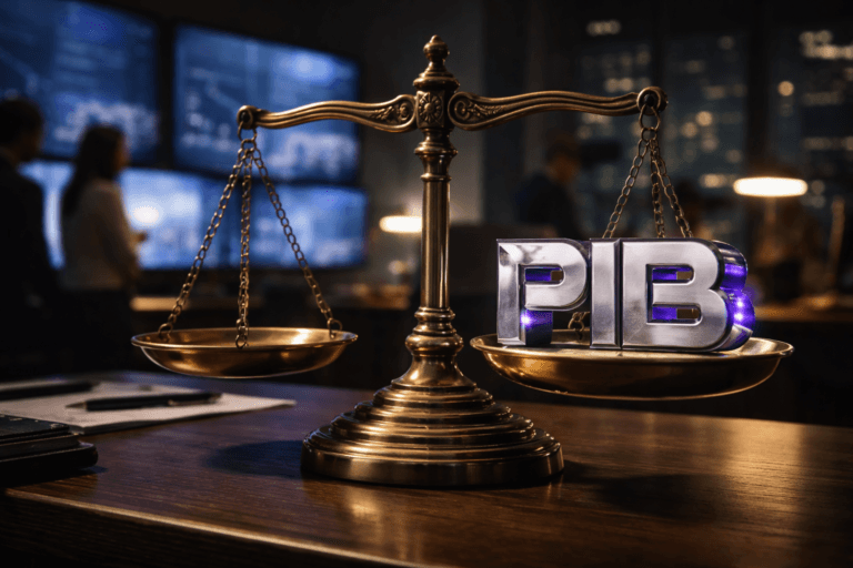 A photorealistic medium-wide cinematic shot, camera positioned approximately 1–2 meters from the subject, capturing an antique brass balance scale on a dark wooden desk as the hero object, with a solid 3D isometric PIB brand logo sculpture in brushed metal and glass resting firmly on one of the plates, the PIB logo clearly readable and integrated into the physical form of the object. The object integrates subtle electric-purple #7B63FF accents along the logo edges and reflected in the polished brass, indicating intelligence and digital activity without overpowering realism. Set in a dimly lit modern SaaS strategy war-room office at night, with large wall-mounted screens in the background softly displaying blurred macroeconomic charts and product dashboards, a moody city skyline visible through glass windows, and a few out-of-focus, diverse professionals in business attire collaborating around the screens in the periphery. Lighting is low-key and practical, coming from desk lamps, screens, and a soft integrated white spotlight from above and slightly to the side, gently revealing the texture of the brass scale, the glassy facets of the PIB logo, and the grain of the wooden desk, with a natural shallow-to-medium depth of field on a 35mm lens look. Cinematic realism, neutral corporate tones with restrained neon purple accents, premium materials, ultra-detailed, 8K, no captions, no text overlays, no watermarks.