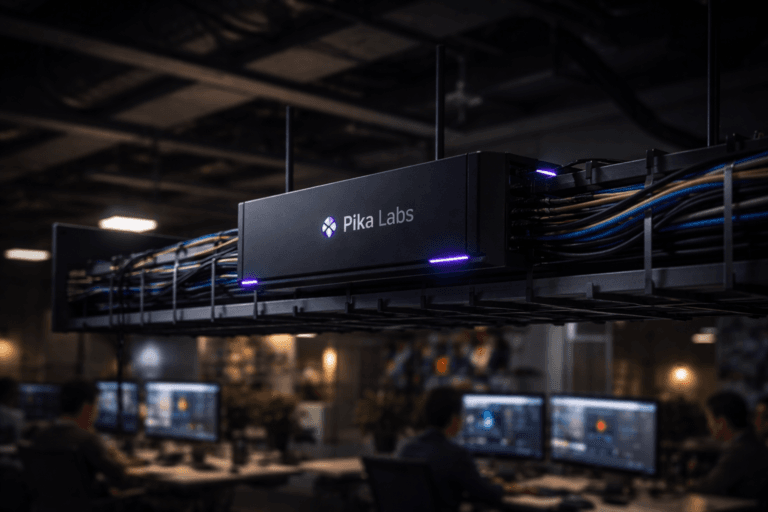 A photorealistic medium-wide cinematic shot, camera positioned approximately 1–2 meters from the subject, capturing a sleek Pika Labs-branded AI video-processing hardware node, a compact matte-black rectangular device securely mounted on an overhead cable-management tray filled with neatly organized, color-coded cables, the official Pika Labs logo subtly illuminated on its side, clearly readable within a realistic environment. The object integrates subtle electric-purple accents indicating intelligence or activity without overpowering realism. Set in a modern open-plan marketing and video-editing studio at night, with an exposed industrial ceiling and cable trays running overhead, large monitors and workstations below, city lights and restrained neon reflections casting a tech-noir glow, a few diverse creative professionals working at their desks slightly out of focus in the background. Lighting is low-key and practical, coming from the monitors and discreet ceiling fixtures, complemented by a soft integrated white spotlight from the side that gently reveals the form, texture, and depth of the Pika Labs device and cables. Cinematic realism, natural depth of field, premium materials, ultra-detailed, 8K, no captions, no subtitles, no UI text overlays, no watermarks.