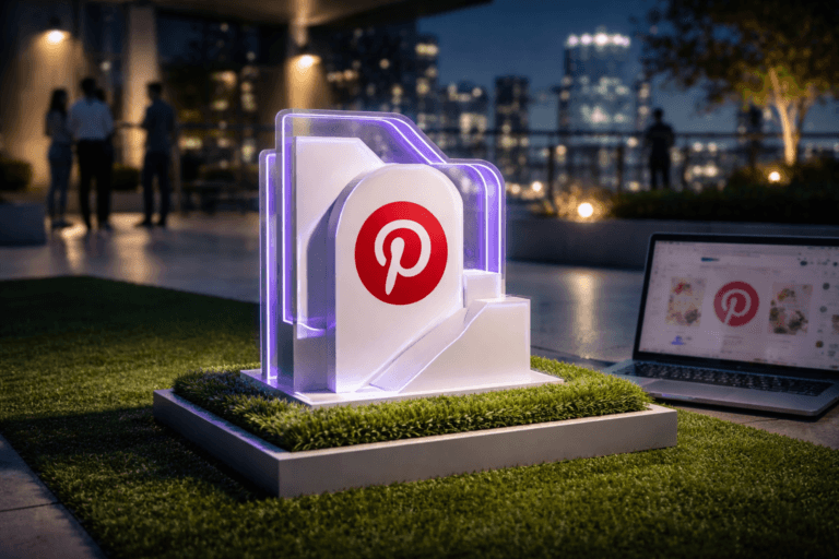 A photorealistic medium-wide cinematic shot, camera positioned approximately 1–2 meters from the subject, capturing a real, physical Pinterest Ads–inspired acrylic desk sculpture as the hero object, composed of layered geometric panels with a glossy white and soft neutral finish, the official Pinterest logo clearly printed on the front face and also subtly mirrored on the slightly out-of-focus screen of a nearby open laptop showing a blurred Pinterest interface, all resting on a small rectangular platform of vibrant, perfectly trimmed synthetic grass, clearly readable within a realistic environment. The object integrates subtle electric-purple (#7B63FF) LED edge accents and faint glow lines along the sculpture’s contours, indicating intelligence or digital activity without overpowering realism. Set in a nighttime rooftop terrace of a modern corporate office, featuring a larger patch of vivid synthetic turf underfoot, sleek concrete flooring, glass railings, and a distant city skyline with muted neon signage and cool-toned office windows, with a few diverse professionals in business-casual attire softly out of focus in the background, standing and conversing near the railing or walking past. Lighting is low-key and practical, coming from laptop screens, discreet floor lights, and distant city glow, complemented by a soft integrated white spotlight from above and slightly to the side, gently revealing the sculpture’s form, reflections, and texture, as well as the fibers of the synthetic grass. Cinematic realism, natural shallow-to-medium depth of field, premium materials, ultra-detailed, 8K, no text, no captions, no watermarks, no UI overlays.