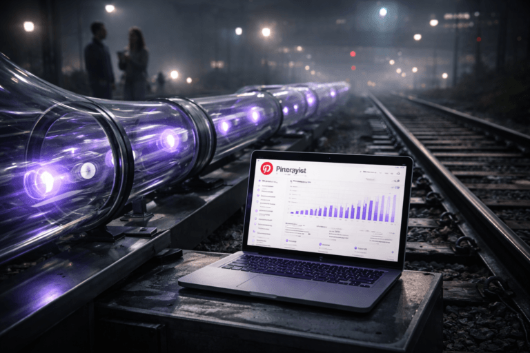 A photorealistic medium-wide cinematic shot, camera positioned approximately 1–2 meters from the subject, capturing a sleek transparent pneumatic tube system installed alongside weathered railway tracks with wooden sleepers, the glass tubes dramatically curving over the rails and actively pulling glowing data capsules embossed with abstract analytics icons, next to an open high-end laptop resting on a low service platform, the screen clearly showing a Pinterest Analytics dashboard with the official Pinterest logo prominently but realistically visible on the interface. The object integrates subtle electric-purple (#7B63FF) accents as soft internal glows within the capsules and faint light traces along the tubes, suggesting intelligent data flow without overpowering realism. Set in a Tech-Noir urban rail environment at night, with damp metal rails, mist in the air, distant city lights and restrained neon reflections, and a couple of diverse marketing professionals in smart-casual attire standing in the background near the tracks, casually discussing the laptop screen while remaining secondary to the pneumatic system and device. Lighting is low-key and practical, coming from small industrial lamps along the rail line and the cool glow of the laptop and capsules, complemented by a soft integrated white spotlight from the upper side that gently reveals the form, glass reflections, metal textures, and depth around the tubes and laptop. Cinematic realism, natural shallow-to-medium depth of field, neutral corporate tones with subtle neon purple accents, premium materials, ultra-detailed, 8K, no captions, no text overlays in the scene other than the realistic Pinterest logo on the screen, no watermarks.