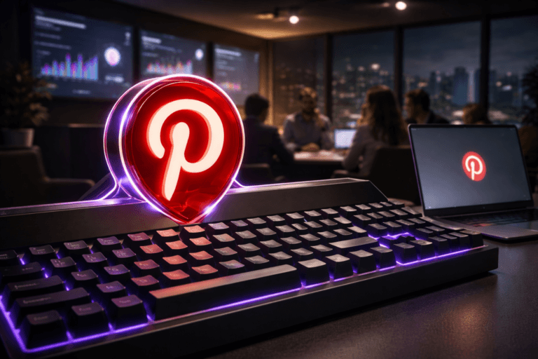 A photorealistic medium-wide cinematic shot, camera positioned approximately 1–2 meters from the subject, capturing a sleek physical Pinterest hero object: a glossy acrylic 3D sculpture of the Pinterest “P” logo integrated into the top edge of an oversized mechanical keyboard, the official Pinterest logo clearly visible on the sculpture and subtly repeated on a nearby laptop screen, all resting on a large matte black desk in a real office environment. The object integrates subtle electric-purple #7B63FF accents along the keyboard backlight and as a faint neon rim light around the Pinterest sculpture, suggesting intelligence and data activity without overpowering realism. Set in a tech-noir corporate meeting room at night, with floor-to-ceiling glass revealing a moody city skyline, and multiple wall-mounted screens softly displaying abstracted, de-identified Pinterest performance dashboards and trend graphs, while a diverse group of marketing professionals in smart casual attire occupies the background and periphery, slightly out of focus, seated and standing around a conference table, naturally discussing results. Lighting is low-key and practical, coming from the glow of the wall screens, the laptop, subtle desk lamps, and the keyboard backlight, complemented by a soft integrated white spotlight from above and slightly to the side that gently reveals the form, texture, and depth of the Pinterest sculpture and keyboard. Cinematic realism, natural shallow-to-medium depth of field, premium materials, neutral corporate palette with restrained electric-purple and cool neon accents, ultra-detailed, 8K, no captions, no text overlays, no watermarks.