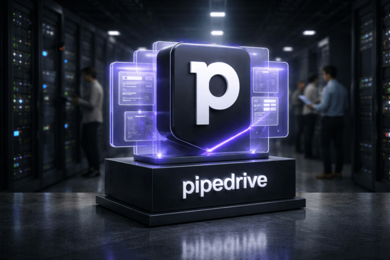 A photorealistic medium-wide cinematic shot, camera positioned approximately 1–2 meters from the subject, capturing a solid physical 3D isometric sculpture of the official Pipedrive logo as the hero object, mounted on a sleek dark pedestal with the Pipedrive wordmark clearly visible on its front face, surrounded by subtle translucent 3D panels evoking a Kanban-style sales pipeline and CRM dashboards, with soft electric-purple (#7B63FF) light traces running along their edges, clearly readable within a realistic environment. The object integrates subtle electric-purple accents indicating intelligence or activity without overpowering realism. Set in a cold, dimly lit data center corridor lined with tall black server racks stretching into the distance, indicator LEDs and faint cable details visible, with a few out-of-focus diverse professionals in smart-casual attire moving in the background and checking tablets or laptops, suggesting a modern B2B SaaS revenue-ops team at work, with natural human presence in the background or periphery. Lighting is low-key and practical, coming from overhead strip lights, server LEDs, and nearby screens, complemented by a soft integrated white spotlight from above and slightly to the side, gently revealing the logo sculpture’s form, texture, and depth and casting realistic reflections on the polished floor. Cinematic photographic realism, 35mm lens look, natural shallow-to-medium depth of field, neutral corporate palette of dark grays and cool blues with restrained electric-purple neon accents, premium materials, ultra-detailed, 8K, no captions, no extra text overlays or watermarks beyond the Pipedrive logo itself.