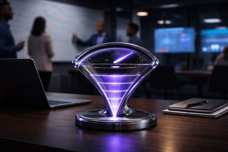 A photorealistic medium-wide cinematic shot, camera positioned approximately 1–2 meters from the subject, capturing a sleek tabletop metal-and-glass sculpture in the form of a racing car speedometer fused with a clean sales funnel, the curved gauge face and embedded glass segments glowing with subtle electric-purple (#7B63FF) indicator lights and fine animated light trails that suggest deals flowing faster through the pipeline, clearly readable within a realistic environment. The object sits on a dark wooden conference table beside a slim laptop and a few neatly arranged notebooks and pens, integrating subtle electric-purple accents in its LED ring and side details to indicate intelligence and real-time activity without overpowering realism. Set in a modern tech-noir corporate RevOps “war room” meeting space at night, with a large wall-mounted glass whiteboard behind it showing faint, half-erased multicolored marker diagrams and notes, and blurred large screens further back displaying abstract data dashboards; a small, diverse group of CRM, marketing, and RevOps professionals in business-casual attire are visible in soft focus at the edges of the frame, standing and gesturing toward the whiteboard and screens, adding natural human presence without stealing focus from the sculpture. Lighting is low-key and practical, coming from the overhead office fixtures, the laptop screen, and the dashboards, complemented by a soft integrated white spotlight from above and slightly to the side that gently reveals the sculpture’s polished metal, frosted glass, and subtle reflections, enhancing form, texture, and depth. Cinematic realism, 35mm lens look, natural shallow-to-medium depth of field, neutral corporate color palette with restrained electric-purple neon accents, premium materials, ultra-detailed, 8K, no captions, no text overlays, no watermarks.