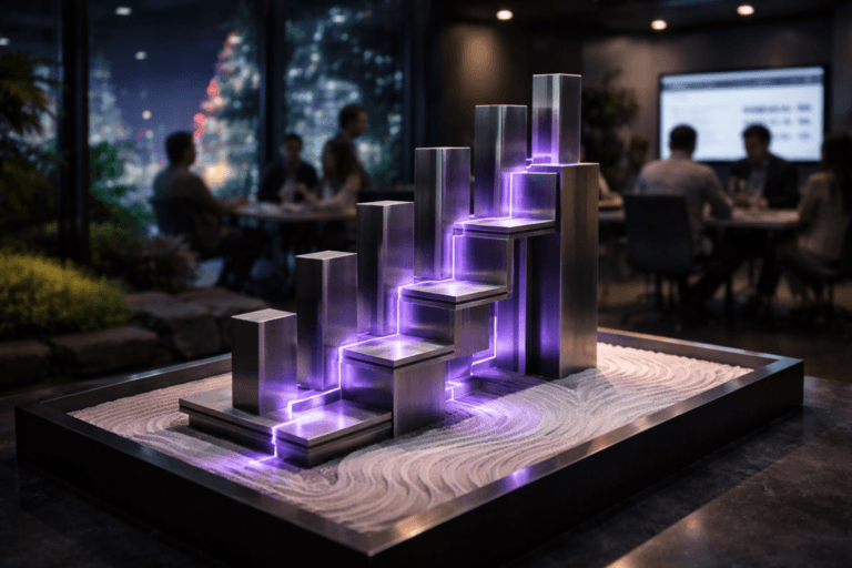 A photorealistic medium-wide cinematic shot, camera positioned approximately 1–2 meters from the subject, capturing a stylized yet realistic physical sales pipeline sculpture: a premium acrylic and brushed metal structure composed of staggered vertical columns and interconnected platforms arranged like a Kanban board pathway, rising from a shallow rectangular bed of meticulously raked white sand with flowing wave patterns, subtly illuminated from within by soft electric-purple (#7B63FF) light traces that flow from one stage to the next, clearly readable within a realistic environment. The object integrates subtle electric-purple accents indicating intelligence or activity without overpowering realism. Set in a contemporary glass-walled corporate office at night that incorporates an indoor zen garden, overlooking a futuristic city skyline with restrained purple and teal tech-noir reflections on the windows, with a diverse group of business professionals in the background and periphery—some seated around a sleek conference table, others standing near a large wall-mounted screen displaying an out-of-focus CRM dashboard—candid, focused, and softly blurred so the sculpture remains the clear hero. Lighting is low-key and practical, coming from overhead office fixtures, the glow of nearby screens, and a soft integrated white spotlight from above and slightly to the side of the sculpture, gently revealing form, texture, and depth in the sand and materials. Cinematic realism, natural depth of field, premium materials, ultra-detailed, 8K, subtle tech-noir mood, no text, no legible UI, no watermarks.