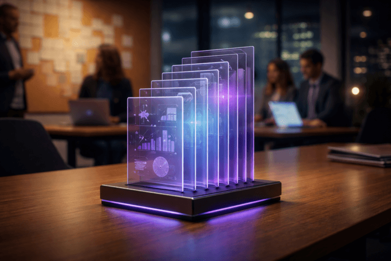 A photorealistic medium-wide cinematic shot, camera positioned approximately 1–2 meters from the subject, capturing a sleek physical desktop sculpture that embodies a startup pitch deck: a stack of ten semi-transparent glass-like panels, slightly fanned in an isometric-inspired arrangement, each panel featuring subtle etched geometric shapes and data icons instead of text, mounted on a matte dark-metal base with a thin electric-purple (#7B63FF) LED edge, combining playful color accents with premium materials and clearly readable form. The object sits on a clean wooden meeting table, set in a modern startup pitch room with a large natural cork wall in the background used as an inspiration board, covered with softly blurred pinned papers and sticky notes; beyond it, a glass partition reveals a dimly lit office with a nighttime city skyline and restrained neon reflections, hinting at a tech-noir atmosphere. A diverse group of founders and an investor are present in the soft-focus background and periphery, standing or seated in candid, professional poses around laptops and a conference table, their screens casting a gentle cool glow without any legible text or UI. Lighting is low-key and practical, coming from overhead recessed lights, laptop screens, and a warm desk lamp, complemented by a soft integrated white spotlight from the upper side that gently sculpts the sculpture, revealing its depth, texture, and reflections while subtle electric-purple accents indicate intelligence and activity without overpowering realism. Cinematic realism, natural shallow-to-medium depth of field, 35mm–50mm photographic look, premium materials, ultra-detailed, 8K, no captions, no text overlays, no watermarks.