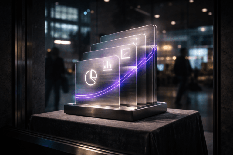 A photorealistic medium-wide cinematic shot, camera positioned approximately 1–2 meters from the subject, capturing a sleek, tangible pitch deck sculpture made of stacked, slightly fanned semi-translucent glass and brushed-metal panels, each panel bearing simple abstract chart and graph icons without any text, clearly readable within a realistic environment. The object integrates subtle electric-purple (#7B63FF) edge lighting and fine accent lines pulsing softly along the glass layers, indicating intelligence and digital activity without overpowering realism. Set in a modern tech-noir corporate storefront display at night, the sculpture stands centered on a dark charcoal velvet pedestal inside a large glass shop window, with faint neon-tinged reflections of the city, blurred silhouettes of passing professionals, and distant office windows suggesting human presence in the background and periphery. Lighting is low-key and practical, coming from discreet overhead spotlights inside the display, cool ambient streetlights, and a nearby digital screen, complemented by a soft integrated white spotlight from above and slightly to the side, gently revealing the form, texture, and depth of the glass, metal, and velvet. Cinematic realism, natural shallow-to-medium depth of field, 35mm lens look, neutral corporate color palette of charcoals, soft grays, and muted blues with restrained electric-purple accents, premium materials, ultra-detailed, 8K, no captions, no text overlays, no watermarks.
