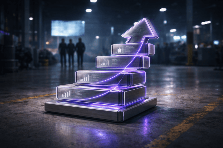 A photorealistic medium-wide cinematic shot, camera positioned approximately 1–2 meters from the subject, capturing a sleek physical sculpture representing a product pitch: a stack of semi-transparent glass and brushed-metal slides rising into a subtle upward arrow, with minimalist etched icons suggesting charts, metrics and roadmap blocks, resting directly on a polished concrete factory floor with worn yellow safety lines, clearly readable within a realistic environment. The object integrates subtle electric-purple (#7B63FF) edge glows and thin internal light traces indicating intelligence or activity without overpowering realism. Set in a dim, modern industrial factory hall at night with a Tech-Noir mood, cool blue ambient light, distant machinery and columns in soft shadow, faint reflections on the concrete, and a large wall-mounted digital screen far behind casting a soft bluish glow, while a small group of diverse professionals in business-casual attire and safety vests walk and confer in the background, softly out of focus at the edges of the frame. Lighting is low-key and practical, coming from overhead industrial lamps and the distant screen, complemented by a soft integrated white spotlight from above and slightly to the side of the sculpture, gently revealing form, texture and depth and creating controlled highlights on the glass and metal surfaces. Cinematic realism, 35mm lens look, natural shallow-to-medium depth of field, premium materials, ultra-detailed, 8K, no text, no UI, no logos, no watermarks.