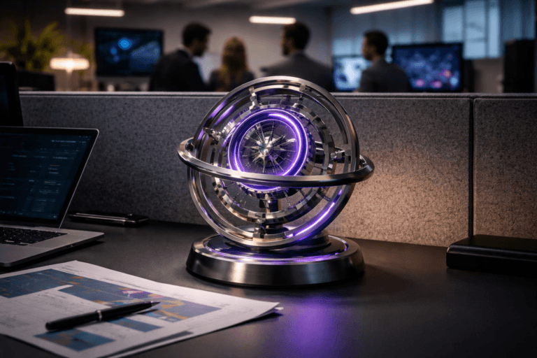 A photorealistic medium-wide cinematic shot, camera positioned approximately 1–2 meters from the subject, capturing a high-end physical desk sculpture as the hero object: a polished metal and glass navigation compass fused with rotating segmented rings, symbolizing product pivoting, with a subtle inner LED ring glowing in electric purple #7B63FF, clearly readable on a tidy workstation inside a modern corporate office cubicle with grey felt acoustic panels. The object sits on a matte black desk alongside a slim laptop and scattered roadmap printouts, integrating subtle electric-purple accents indicating intelligence or activity without overpowering realism. Set in a contemporary tech-noir style open-plan office environment, with blurred computer monitors displaying abstract analytics dashboards and a small, diverse group of realistic product managers collaborating candidly in the background and periphery behind the cubicle walls. Lighting is low-key and practical, coming from monitor glow, a desk lamp, and a distant window, complemented by a soft integrated white spotlight from above and slightly to the side, gently revealing the sculpture’s metallic and glass textures, the fabric of the acoustic panels, and the depth of the workspace. Cinematic realism, natural shallow-to-medium depth of field, 35mm lens look, premium materials, ultra-detailed, 8K, no captions, no text overlays, no watermarks.