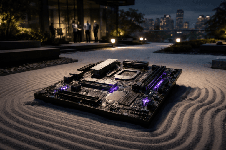 A photorealistic medium-wide cinematic shot, camera positioned approximately 1–2 meters from the subject, capturing a complex real-world computer motherboard as the hero object, resting slightly elevated above meticulously raked white sand in a zen garden, its copper traces and key components clearly readable and subtly illuminated with electric-purple #7B63FF accents that suggest intelligent activity without feeling sci-fi or overpowering realism. The object integrates subtle electric-purple accents indicating intelligence or activity without overpowering realism. Set in a nighttime rooftop zen garden of a contemporary corporate tech-and-architecture headquarters, with white sand groomed into calm wave patterns, smooth dark stone borders, minimalist black benches and planters, and a distant glass balustrade revealing a moody city skyline of softly glowing office towers; in the background and periphery, a small diverse group of professionals in business-casual attire confer quietly near the edge of the garden and by a glass-walled meeting room with faint screens visible inside, all gently out of focus so the motherboard remains the clear focal point. Lighting is low-key and practical, coming from discreet ground-level garden lamps, spill from the interior office lights and the distant city glow, complemented by a soft integrated white spotlight from above and slightly to the side that gently reveals the form, circuitry, metallic textures and sand patterns, creating a refined Tech-Noir atmosphere with neutral corporate tones and restrained neon purple accents. Cinematic realism, natural shallow-to-medium depth of field, premium materials, ultra-detailed, 8K, no text, no captions, no logos, no watermarks.
