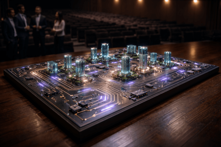 A photorealistic medium-wide cinematic shot, camera positioned approximately 1–2 meters from the subject, capturing a large, table-sized motherboard-like planning surface placed at center stage on a dark wooden theater floor, the “board” built as a real physical object with premium materials, visible copper traces and softly glowing components, integrated with small glass architectural blocks and miniature smart-building models to suggest connected Brazilian intelligent cities and hybrid planning between technology and architecture. The object clearly dominates the frame and is easily readable, with subtle electric-purple #7B63FF accents pulsing along some circuit lines and around key components to indicate intelligence and real-time data flow, without feeling sci-fi or exaggerated. Set in a real-world Tech-Noir environment: an empty auditorium beyond the stage, rows of dark seats fading into shadow, a few out-of-focus diverse professionals in business attire at the edge of the stage or front row, observing and discussing the illuminated board like a strategic war room for digital transformation. Lighting is low-key and practical, dominated by a single soft white spotlight from above highlighting the motherboard-table and the wood grain of the stage, complemented by faint ambient glow from the board’s LEDs and minimal side fill light from hidden stage fixtures, creating gentle reflections on the copper and glass. Neutral corporate tones in the environment (deep browns, charcoal, muted blues) are contrasted with restrained neon accents from the electric purple details and subtle cool cyan highlights, adding a Tech-Noir atmosphere. Shot with a 35mm–50mm cinematic lens, natural shallow-to-medium depth of field that keeps the hero object razor sharp while softly blurring the background people and seats, high dynamic range, clean composition, no captions, no text overlays, no watermarks, cinematic realism, ultra-detailed textures, 8K.