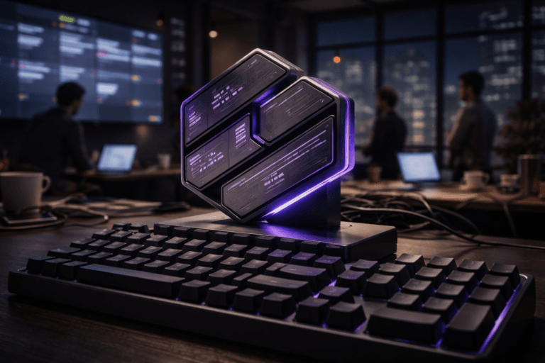 A photorealistic medium-wide cinematic shot, camera positioned approximately 1–2 meters from the subject, capturing a high-end physical 3D isometric logo sculpture of the “Planejamento de Releases” platform, the logo rendered as a sleek abstract geometric mark without text, built from matte dark metal and smoked glass with subtle electric-purple #7B63FF edge lighting, resting solidly across the top row of keys of an oversized mechanical keyboard on a modern conference table, the logo clearly readable and enriched with fine engraved patterns that hint at Kanban cards, timelines and deployment pipelines, within a realistic environment. The object integrates subtle electric-purple accents indicating intelligence or activity without overpowering realism. Set in a dim, tech-noir SaaS “war room” inside a Brazilian startup office at night, with floor-to-ceiling windows revealing a softly glowing city skyline, multiple wall-mounted ultra-wide monitors in the background displaying blurred digital Kanban boards and release dashboards (no legible text), laptops and cables scattered on the table, coffee cups and notebooks suggesting an intense planning session, and a diverse group of software professionals in smart-casual clothing standing and seated around the room in the background and periphery, mid-discussion and slightly out of focus. Lighting is low-key and practical, coming from the monitors, a few ceiling panels and a desk lamp, complemented by a soft integrated white spotlight from above and slightly to the side highlighting the logo sculpture and the mechanical keyboard, gently revealing form, texture, and depth, with reflections glinting off the glass surfaces. Cinematic realism, natural depth of field with the hero logo and nearby keys in crisp focus and the people and screens subtly blurred, 35mm lens look, premium materials, ultra-detailed, neutral corporate palette with restrained neon purple accents, no captions, no text overlays, no watermarks, 8K.