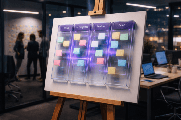 A photorealistic medium-wide cinematic shot, camera positioned approximately 1–2 meters from the subject, capturing a tangible, stylized sprint-planning kanban sculpture as the hero object: layered transparent acrylic columns and colorful card-like tiles emerging in low relief from a pristine white painting canvas, mounted on a natural-wood studio easel, combining the look of a physical kanban board with subtle 3D isometric geometry, matte sticky-note colors and restrained electric-purple #7B63FF accents tracing connections between columns to suggest intelligent flow and capacity planning, clearly readable within a realistic environment. The object integrates subtle electric-purple accents indicating intelligence or activity without overpowering realism. Set in a modern B2B SaaS product squad workspace at night, a glass-walled meeting room with the easel positioned near a conference table, blurred city lights and faint neon visible through large windows, background featuring a real kanban wall filled with colorful post-its, a few laptops and monitors glowing on the table, and a small, diverse group of professionals in smart-casual attire standing and discussing the board in the periphery, candid and slightly out of focus, creating a subtle tech-noir atmosphere. Lighting is low-key and practical, with a soft integrated white spotlight from above and slightly to the side gently illuminating the canvas, easel and acrylic sculpture, while ambient light from screens and windows adds cool bluish tones and delicate electric-purple reflections in metals and glass, revealing form, texture and depth. Cinematic realism, 35mm lens look, natural shallow-to-medium depth of field, premium materials, ultra-detailed, 8K, no captions, no text overlays, no UI elements, no watermarks.