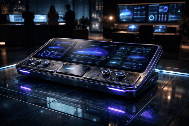 A photorealistic medium-wide cinematic shot, camera positioned approximately 1–2 meters from the subject, capturing a sophisticated physical “business flight deck” sculpture that embodies a data-driven 2025 technology business plan: a premium glass-and-brushed-metal tabletop control console resting directly on a thick tempered glass floor, its surface composed of integrated dashboards, small embedded screens with charts and graphs, clean indicator lights, dials and AI-inspired circuitry patterns, all clearly readable and tactile, sized like a hybrid between a laptop dock and a cockpit panel. The object integrates subtle electric-purple #7B63FF accents in its edge lighting, LED indicators and reflected highlights to suggest real-time intelligence and optimization without overpowering realism. Set in a tech-noir late-night AI startup operations room with a thick tempered glass floor featuring soft LED strips embedded along the edges, distant workstations with glowing monitors, wall-mounted analytics dashboards and a hint of a futuristic city skyline through a large window in the background; a few out-of-focus diverse professionals in smart-casual attire stand and collaborate around other screens at the periphery, adding natural human presence while keeping the sculptural “business plan cockpit” as the clear hero. Lighting is low-key and practical, coming from the console screens, surrounding monitors and the floor LEDs, complemented by a soft integrated white spotlight from above to gently reveal form, texture and depth on the hero object and glass floor, with realistic reflections and subtle shadows. Cinematic realism, natural shallow-to-medium depth of field, neutral corporate color palette with restrained neon purple and cool teal accents, premium materials, ultra-detailed, 8K, no captions, no text overlays, no watermarks.