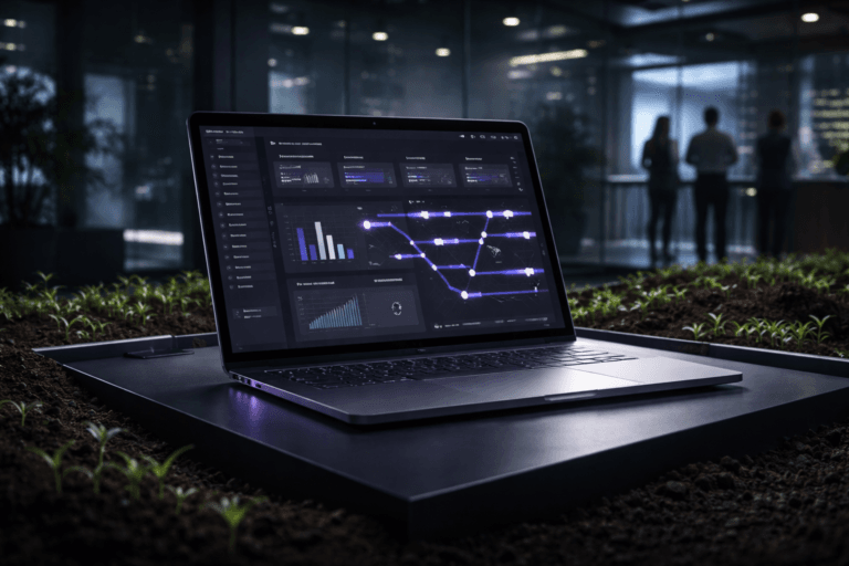 A photorealistic medium-wide cinematic shot, camera positioned approximately 1–2 meters from the subject, capturing a sleek ultra-thin laptop on a low matte-black platform, its screen clearly displaying a highly organized digital attribution analytics dashboard with balanced cards, bar charts, and a subway-map-style customer journey visualization in a refined semi-isometric 3D UI style, with subtle interface highlights in electric purple #7B63FF, clearly readable within a realistic environment. The object integrates subtle electric-purple accents indicating intelligence or activity without overpowering realism, with soft neon reflections along the laptop edges, delicate glows on key data nodes, and a faint purple rim light on the platform. Set in a moody Tech-Noir innovation lab whose floor is composed of rich, dark fertile soil with small bright-green sprouts emerging, bordered by minimalist metal edging and surrounded by glass walls that reveal a cool-toned nighttime cityscape, blending nature and technology; in the background, a few out-of-focus, diverse professionals in business-casual attire move and confer near standing desks and wall-mounted screens, remaining clearly secondary to the laptop. Lighting is low-key and practical, coming from the laptop screen, a few overhead recessed fixtures, and distant city light spilling through the glass, complemented by a soft integrated white spotlight from above and slightly to the side, gently revealing the form, texture, and depth of the laptop, soil, and sprouts. Color palette of charcoal, soft grays, and deep blue tones with restrained electric purple accents, cinematic 35mm lens look, natural shallow-to-medium depth of field, premium materials, ultra-detailed, 8K, no text overlays, no captions, no watermarks.