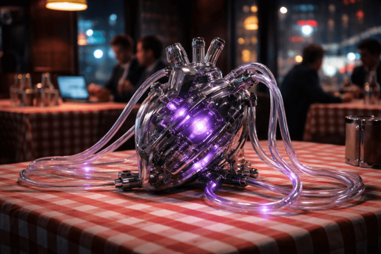 A photorealistic medium-wide cinematic shot, camera positioned approximately 1–2 meters from the subject, capturing a sleek transparent mechanical heart-like data engine resting on a classic red-and-white checkered restaurant tablecloth, its polished metal and glass chambers visibly pumping a soft luminous fluid through multiple clear tubes that elegantly trail and loop across the table like organized data pipelines, symbolizing an AI-powered email automation control core, clearly readable within a realistic environment. The object integrates subtle electric-purple #7B63FF accents glowing within the circulating fluid and at small indicator nodes along the tubes, suggesting intelligence and real-time activity without overpowering realism, all rendered as tangible physical components, not illustration or isometric graphics. Set in a contemporary urban restaurant at night with a Tech-Noir atmosphere, warm wooden tables, cutlery and glasses nearby, a large front window revealing blurred city traffic and restrained neon reflections from outside, and a diverse group of business professionals in the softly blurred background casually discussing over a laptop and tablet that display generic analytics visuals without legible text, providing natural human presence in the periphery. Lighting is low-key and practical, coming from warm pendant lamps above the tables and cool ambient glow from the street and neon outside, complemented by a soft integrated white spotlight from above that sculpts the mechanical heart device, gently revealing form, texture, and depth on the transparent tubes and metallic surfaces. Cinematic realism, 35mm lens look, natural shallow-to-medium depth of field with soft bokeh, premium materials, ultra-detailed, 8K, no captions, no on-screen text, no watermarks.