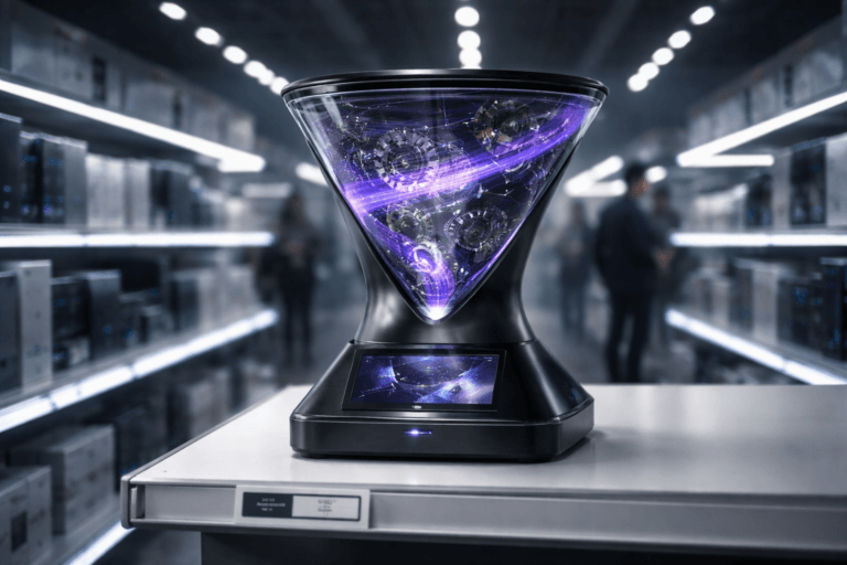 A photorealistic medium-wide cinematic shot, camera positioned approximately 1–2 meters from the subject, capturing a premium real-world hero object: a sleek matte-black and brushed-metal marketing automation hub shaped like a transparent glass funnel filled with finely engineered metallic gears and softly glowing data streams, subtle electric-purple #7B63FF highlights tracing the edges of the funnel and key gears, mounted on a minimalist base with a small high-resolution screen showing an abstract, textless multi-channel analytics dashboard, standing prominently on a pristine white retail gondola shelf with a clean digital price tag at the edge, all clearly readable within a realistic environment. The object integrates subtle electric-purple accents indicating intelligence or activity without overpowering realism. Set in a futuristic yet believable late-night supermarket technology aisle, with long rows of pristine white shelving receding into a softly shadowed background, other high-tech product boxes softly blurred along the shelf, cool neutral ambient lighting with restrained neon reflections, and a few diverse professionals in business-casual attire browsing and walking through the aisle in soft bokeh in the background or periphery. Lighting is low-key and practical, coming from overhead aisle fixtures, the device’s own screen glow, and accent strips on the shelves, complemented by a soft integrated white spotlight from above and slightly to the side, gently revealing form, texture, and depth in the funnel, gears, and metallic surfaces. Cinematic realism, natural depth of field, 35mm lens look, premium materials, ultra-detailed, 8K, neutral corporate color palette with restrained neon accents, no captions, no visible interface text or legible typography, no watermarks.