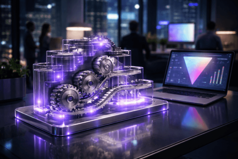 A photorealistic medium-wide cinematic shot, camera positioned approximately 1–2 meters from the subject, capturing a hero object representing a sales automation platform: a sophisticated tabletop kinetic sculpture of interlocking brushed-steel gears and tracks arranged in a clear, stepped isometric-inspired sequence, embedded in a sleek translucent colored acrylic base that rests on a matching translucent acrylic desk surface, beside a thin bezel-less laptop angled slightly toward the camera, its screen displaying a softly glowing, abstract sales-funnel dashboard UI with no readable text or logos, all elements clearly readable within a realistic environment. The object integrates subtle electric-purple (#7B63FF) accents indicating intelligence or activity without overpowering realism, with gentle underlighting and edge glows flowing through the acrylic and along the gear sequence. Set in a dimly lit modern sales operations office at night high in a glass-walled building, with floor-to-ceiling windows revealing a futuristic city skyline, large wall-mounted screens in the background casting cool blue and soft electric-purple reflections across the glossy acrylic surfaces, and hints of other workstations and devices creating a structured, tech-noir ambiance, with natural human presence in the background or periphery as a few diverse sales professionals in business-casual attire move and collaborate, softly out of focus. Lighting is low-key and practical, coming from the laptop screen, ambient monitors, and a soft integrated white spotlight from above and slightly to the side, gently revealing form, texture, and depth on the metal gears and acrylic surfaces. Cinematic realism, natural depth of field, premium materials, ultra-detailed, 8K, 50mm lens look, no captions, no text overlays, no watermarks.