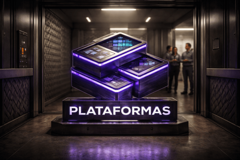 A photorealistic medium-wide cinematic shot, camera positioned approximately 1–2 meters from the subject, capturing a large physical 3D isometric sculpture of the official “Plataformas” logo, made of brushed dark metal with glossy acrylic edges and small embedded glass panels suggesting live dashboards and analytics, mounted on a low pedestal bolted to the floor in the center of an industrial freight elevator so the logo is clearly readable and feels like a tangible control hub for digital marketing operations within a realistic environment. The object integrates subtle electric-purple (#7B63FF) LED accents running along its edges and softly glowing from discrete vents, indicating intelligence and real-time activity without overpowering realism. Set inside a dim, tech-noir industrial freight elevator with quilted stainless-steel padded walls, scuffed metal floor, heavy-duty doors and an illuminated control panel, the doors partially open to reveal a blurred corporate corridor beyond, with natural human presence in the background and periphery in the form of a small, diverse group of marketing professionals in business-casual attire at the doorway, holding laptops and tablets, slightly out of focus and casually observing the logo as if monitoring a live campaign. Lighting is low-key and practical, coming from overhead fluorescent strips, indicator LEDs, and subtle screen glow, complemented by a soft integrated white spotlight from above and slightly to the side of the logo sculpture, gently revealing form, texture, and depth on the metal and acrylic surfaces. Cinematic realism, natural shallow-to-medium depth of field with the Plataformas logo sculpture in crisp focus, premium materials, neutral corporate color palette with restrained neon purple reflections, 35mm lens look, ultra-detailed, 8K, no additional text elements in the scene besides the branding on the logo object, no UI, no captions, no watermarks.