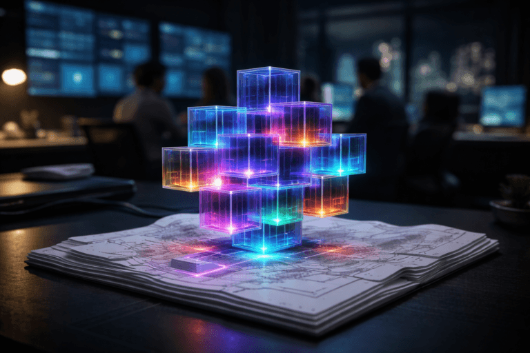 A photorealistic medium-wide cinematic shot, camera positioned approximately 1–2 meters from the subject, capturing a cluster of semi-transparent, colorful acrylic data cubes neatly stacked and interlocking into a geometric structure, emerging from and partially hovering just above a physical white layered paper topographic map laid on a dark matte desk, clearly readable within a realistic environment. The object integrates subtle electric-purple (#7B63FF) edge glows and internal light accents running between the cubes, indicating intelligence and real-time data flow without overpowering realism. Set in a Tech-Noir analytics command room at night, with large wall-mounted screens softly displaying out-of-focus real-time dashboards and charts, hints of a city skyline through a distant window, and a few diverse data analysts in business-casual attire blurred in the background, casually collaborating around the workspace. Lighting is low-key and practical, coming from the dim glow of the screens, a nearby desk lamp, and a soft integrated white spotlight from above and slightly to the side, gently revealing the form, texture, and depth of the cubes and the paper map layers. Cinematic realism, natural shallow-to-medium depth of field, premium materials, ultra-detailed surfaces, subtle neon reflections, 8K, no text overlays, no watermarks.
