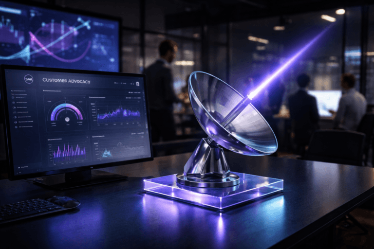 A photorealistic medium-wide cinematic shot, camera positioned approximately 1–2 meters from the subject, capturing a sleek desktop-sized parabolic antenna sculpture angled toward the ceiling, realistic brushed metal and glass construction, receiving a focused stylized beam of electric-purple (#7B63FF) light, mounted on a translucent colored acrylic surface atop a dark conference table, beside a large monitor showing a customer advocacy analytics dashboard with a subtle, generic SaaS platform logo, all clearly readable within a realistic environment. The object integrates subtle electric-purple accents indicating intelligence or activity without overpowering realism. Set in a dimly lit, glass-walled customer experience war room inside a modern corporate office at night, with large wall screens displaying abstract customer journey maps and advocacy metrics, and a few diverse professionals in business-casual attire collaborating around workstations in the background and periphery, softly out of focus. Lighting is low-key and practical, coming from the monitor, wall screens and a distant city skyline through the windows, complemented by a soft integrated white spotlight from above or the side, gently revealing form, texture, and depth. Cinematic realism, natural depth of field, premium materials, ultra-detailed, 8K, neutral corporate tones with restrained neon purple and cyan accents, no captions, no text overlays, no watermarks.