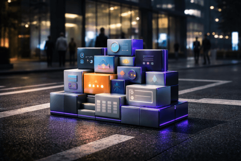 A photorealistic medium-wide cinematic shot, camera positioned approximately 1–2 meters from the subject, capturing a meticulously arranged cluster of colorful modular building blocks made of premium matte and glossy plastic and metal, interlocking perfectly into a clean, tiered structure that resembles an organized control dashboard or miniature city grid, subtly evoking an integrated Customer Experience Management platform and unified customer journey, clearly readable within a realistic environment. The object integrates subtle electric-purple #7B63FF accents along key edges and connection points, with faint, realistic light reflections suggesting intelligence and data flow without overpowering realism. Set on a dark, slightly wet asphalt street at night with crisp white road markings and directional lines beneath and around the structure, in front of a modern glass-fronted office building glowing softly with cool screens and interior lights, creating a grounded Tech-Noir corporate city atmosphere, with a few diverse professionals in smart casual attire passing by or conversing in the background and periphery, softly out of focus. Lighting is low-key and practical, coming from nearby streetlights, office windows, and distant digital signage, complemented by a soft integrated white spotlight from the side that gently reveals the form, texture, and depth of the modular blocks and asphalt surface. Cinematic realism, 35mm lens look, natural shallow-to-medium depth of field, restrained neon accents, premium materials, ultra-detailed, 8K, no text, no captions, no watermarks.