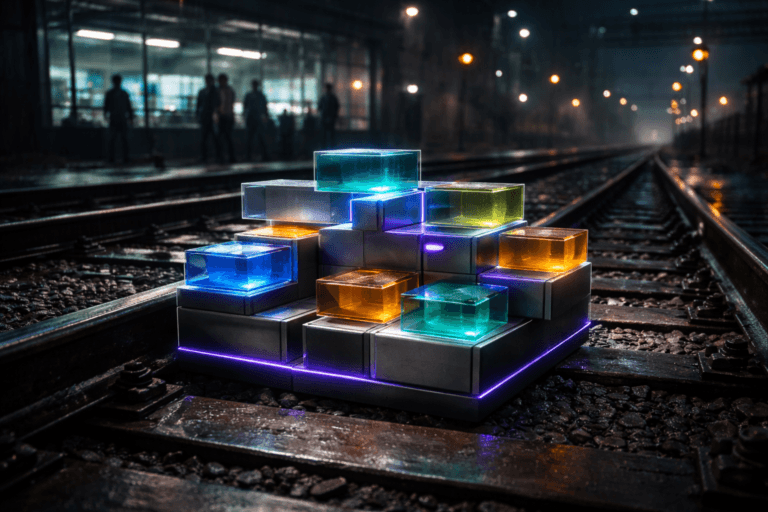 A photorealistic medium-wide cinematic shot, camera positioned approximately 1–2 meters from the subject, capturing a set of glossy, color-coded modular construction blocks made of premium glass and matte metal, perfectly interlocking into an organized, layered structure that resembles a physical 3D model of connected customer journeys, resting directly on realistic steel railway tracks with worn wooden sleepers; key blocks are subtly edged with electric purple (#7B63FF) accents and faint internal glow to suggest live Customer Intelligence and real-time decision-making, while still looking like tangible, real-world objects. The object integrates subtle electric-purple accents indicating intelligence or activity without overpowering realism. Set in a rain-slicked urban railway line at night in a Tech-Noir atmosphere, with the rails leading toward a glass-walled control room in the mid-background, filled with softly glowing monitoring screens and dashboards, city lights and signal lamps reflecting on wet metal; a small group of diverse professionals in business-casual attire are visible through the glass and on a nearby platform, slightly out of focus, naturally monitoring the scene and interacting with the control room environment. Lighting is low-key and practical, coming from station lamps, signal lights, and the control room screens, complemented by a soft integrated white spotlight from the side that gently reveals the texture of the wooden sleepers, the metallic sheen of the rails, and the refined surfaces of the modular blocks, creating rich contrast and depth. Cinematic realism, natural shallow-to-medium depth of field, crisp focus on the modular blocks as the hero object, subtle neon reflections, premium materials, ultra-detailed, 8K, no captions, no text overlays, no watermarks.