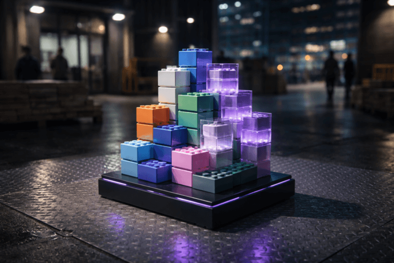 A photorealistic medium-wide cinematic shot, camera positioned approximately 1–2 meters from the subject, capturing a neatly organized cluster of colorful modular construction blocks made of glossy premium plastic, interlocking perfectly to form a precise, stylized tower on a low matte-black base atop a metallic checkerplate floor, the hero object clearly readable within a realistic environment and subtly evoking the architecture of Customer Success platforms. The object integrates subtle electric-purple #7B63FF accents along the edges and within a few translucent blocks, with a faint internal glow suggesting data intelligence and activity without overpowering realism. Set in a nighttime industrial loading dock with metal checkerplate flooring, stacked pallets and equipment pushed to the sides, distant glass office windows and city lights softly visible in the background, cool ambient light reflecting off wet concrete, with a few diverse professionals in muted attire walking and conversing in the background and periphery, slightly out of focus. Lighting is low-key and practical, coming from overhead industrial fixtures, wall-mounted lamps, and soft spill from interior office windows, complemented by a soft integrated white spotlight from the side that grazes the modular structure, gently revealing form, texture, and depth while casting crisp, cinematic shadows on the metal floor. Cinematic realism, natural depth of field, 35mm lens look, subtle tech-noir mood, neutral corporate tones with restrained electric-purple neon accents, premium materials, ultra-detailed, 8K, no text, no watermarks.