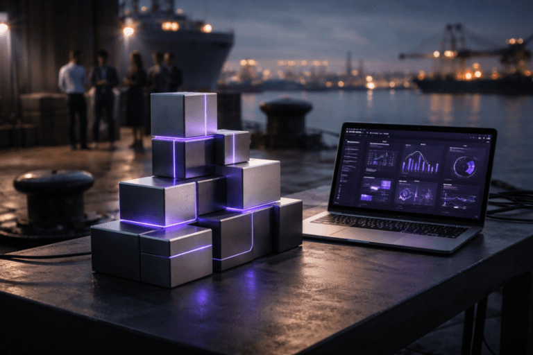 A photorealistic medium-wide cinematic shot, camera positioned approximately 1–2 meters from the subject, capturing a set of sleek, physical modular building blocks made of matte acrylic and brushed metal, stacked into a precise, organized structure on a dark workstation table beside an open laptop showing a glowing, real-time B2B SaaS sales enablement dashboard, clearly readable within a realistic environment and symbolizing an AI-powered sales enablement platform connected to the CRM. The object integrates subtle electric-purple #7B63FF accents indicating intelligence or activity without overpowering realism, with thin illuminated lines subtly linking the blocks like data flows and gentle purple highlights on the laptop UI, but no legible text. Set in a modern harbor pier at dusk, with heavy ship mooring bollards nearby, wet concrete reflecting the neon-tinted light from screens and distant city skyline, blurred container ships and cranes in the background, and a small group of diverse professionals in smart-casual attire at the periphery reviewing tablets and discussing quietly, secondary to the hero object and evoking a tech-driven sales operations team working on-site. Lighting is low-key and practical, coming from the laptop screen, nearby industrial lamps, and distant harbor lights, complemented by a soft integrated white spotlight from above and slightly to the side, gently revealing form, texture, and depth on the modular blocks, metal bollards, and wet ground. Cinematic realism, natural shallow-to-medium depth of field, neutral corporate tones with restrained electric-purple neon accents, premium materials, ultra-detailed, 8K, no captions, no text overlays, no watermarks.
