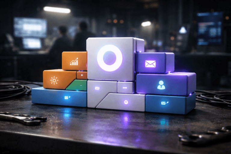A photorealistic medium-wide cinematic shot, camera positioned approximately 1–2 meters from the subject, capturing a set of colorful modular building blocks, precision-aligned into a clean, tiered structure that resembles a unified customer engagement control dashboard on the table, each block made of premium matte plastic with subtle glossy edges, the central hero block bearing a minimal, generic circular SaaS logo mark, clearly readable within a realistic environment. The object integrates subtle electric-purple #7B63FF accents indicating intelligence or activity without overpowering realism, with thin illuminated seams between blocks and tiny embedded indicator lights along their edges. Set in a dim, industrial mechanic’s workshop reimagined as a tech-noir operations lab, on an oil-stained metal workbench with faint grease marks, scattered wrenches and cables pushed to the sides, softly glowing computer monitors and server gear in the background, and a few softly blurred mechanics and data analysts collaborating around screens in the periphery. Lighting is low-key and practical, coming from overhead workshop lamps, monitor glow and a soft integrated white spotlight from the upper side, gently revealing the form, texture and depth of the modular block structure and the worn metal surface beneath. Cinematic realism, 35mm lens look, natural shallow-to-medium depth of field, neutral corporate tones with restrained neon blue and electric-purple reflections, premium materials, ultra-detailed, 8K, no captions, no text overlays, no watermarks.