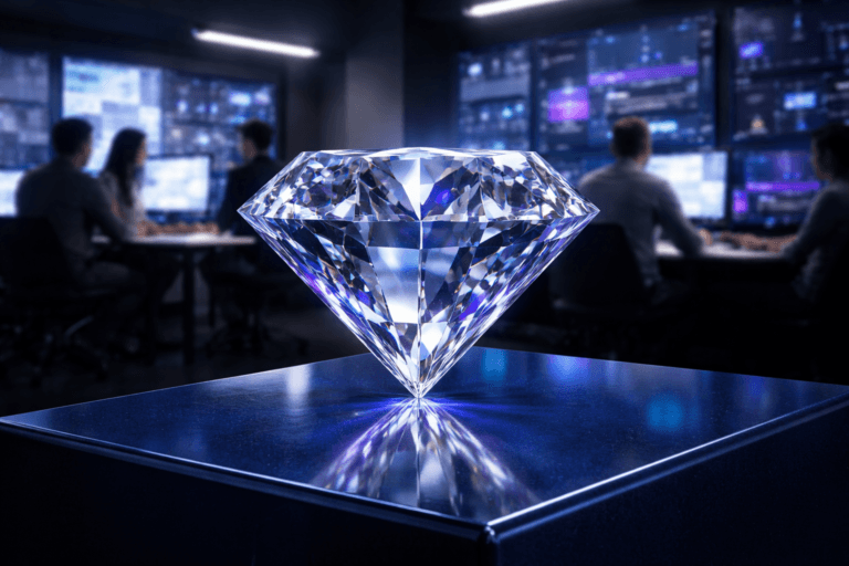A photorealistic medium-wide cinematic shot, camera positioned approximately 1–2 meters from the subject, capturing a large brilliant-cut diamond, solid and highly polished, standing upright on a glossy cobalt-blue vitrified ceramic surface like a refined presentation pedestal, each facet crisply defined and reflecting subtle CX-style dashboards, customer journey maps, and data visualizations from nearby screens, clearly readable as the hero object within a realistic environment. The object integrates subtle electric-purple (#7B63FF) accents along selected internal reflections and edge highlights, indicating intelligence and orchestration without overpowering realism. Set in a high-end Tech-Noir customer experience command room at night, with a long minimalist worktable, blurred diverse professionals in smart casual attire collaborating at multi-monitor workstations, and a distant wall of softly glowing control-center displays and maps, all slightly out of focus to keep attention on the diamond and its ceramic base. Lighting is low-key and practical, coming from monitors, wall screens, and a few architectural ceiling strips, complemented by a soft integrated white spotlight from above and slightly to the side, gently revealing form, texture, and depth in the diamond and the cobalt ceramic surface, with clean reflections and subtle shadows. Cinematic realism, natural shallow-to-medium depth of field, neutral corporate tones with restrained electric-purple neon accents on screens and reflections, premium materials, ultra-detailed, 8K, no captions, no text overlays, no watermarks.