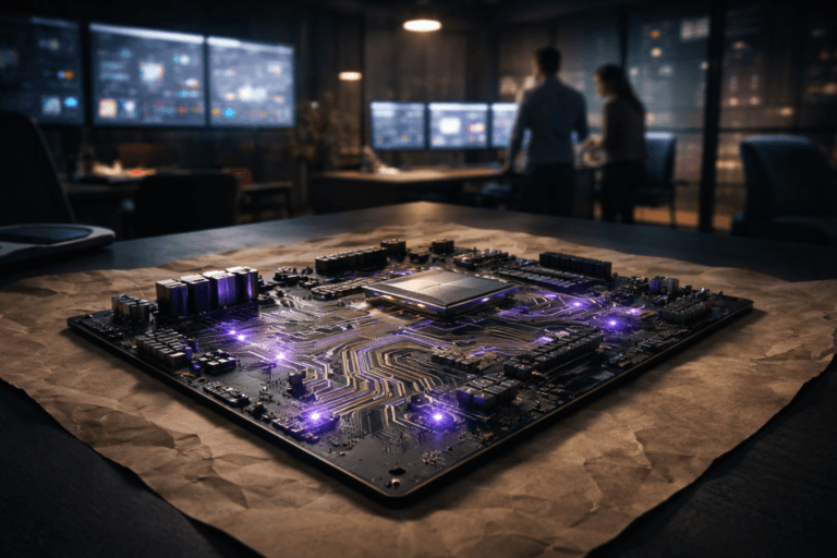 A photorealistic medium-wide cinematic shot, camera positioned approximately 1–2 meters from the subject, capturing a complex advanced motherboard resting flat on a large sheet of crumpled-then-smoothed kraft paper laid over a dark matte desk, its copper traces forming intricate branching pathways that subtly evoke interconnected customer journeys and omnichannel touchpoints, with a few discreet electric-purple (#7B63FF) LED glows and edge highlights pulsing along the circuits to suggest a live digital experience “brain,” clearly readable within a realistic environment. The object integrates subtle electric-purple accents indicating intelligence or activity without overpowering realism. Set in a tech-noir inspired digital experience control room / modern marketing operations office at night, with the background softly revealing a wall of large monitors showing blurred analytics dashboards and customer journey visualizations (no legible text), glass partitions, and a couple of diverse professionals in smart-casual attire collaborating around nearby workstations in soft focus at the periphery, adding natural human presence while keeping the motherboard as the primary focal point. Lighting is low-key and practical, coming from the glow of the monitors, a few dim desk lamps, and city light leaking through a distant window, complemented by a soft integrated white spotlight from above and slightly to the side, gently revealing the texture of the kraft paper, the metallic details of the board, and the depth of the workspace. Neutral corporate tones dominate the scene—charcoal, graphite, muted blues—with restrained electric-purple reflections on nearby surfaces as subtle accents. Cinematic realism, 35mm lens look, natural shallow-to-medium depth of field, premium materials, ultra-detailed components and surfaces, 8K, no captions, no text overlays, no watermarks.