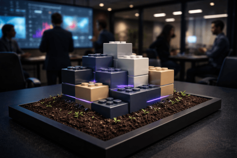 A photorealistic medium-wide cinematic shot, camera positioned approximately 1–2 meters from the subject, capturing a sculpted arrangement of large, glossy modular building blocks in muted corporate colors, each block brick-sized and precisely interlocking into a clean, tiered structure that emerges from a shallow rectangular bed of rich, dark fertile soil with tiny green sprouts, embedded in the center of a matte-black conference table, clearly readable within a realistic environment. The object integrates subtle electric-purple (#7B63FF) accent lines and faint interface-like pulses glowing between the seams of the blocks, indicating intelligence and data flow without overpowering realism. Set in a high-end UX “war room” inside a modern tech office at night, with glass walls, soft reflections on polished floors, and large unbranded analytics dashboards and heatmaps glowing on wall-mounted screens in the background; a few diverse product and UX professionals stand and sit around the table in the periphery, engaged in candid discussion, naturally lit and slightly out of focus. Lighting is low-key and practical, coming from the wall screens, a few overhead office fixtures, and a soft integrated white spotlight from above that gently reveals the form, texture, and depth of the modular blocks and soil, adding a subtle Tech-Noir mood with cool neutrals and restrained electric-purple highlights. Cinematic realism, 35mm lens, natural shallow-to-medium depth of field, premium materials, ultra-detailed, 8K, no captions, no readable text, no brand logos, no watermarks.