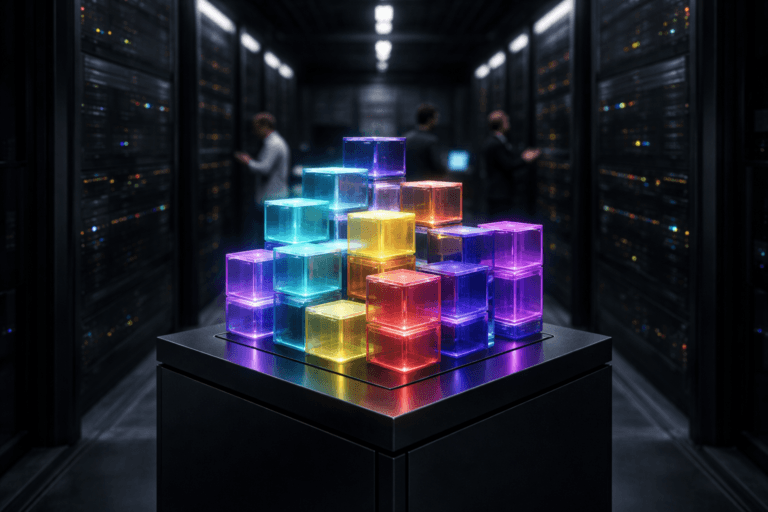 A photorealistic medium-wide cinematic shot, camera positioned approximately 1–2 meters from the subject, capturing a cluster of solid, color-coded acrylic data cubes arranged in precise geometric stacks on a sleek black metal pedestal between two rows of real server racks, the cubes aligned in a crisp isometric grid and subtly glowing from within, clearly readable as a tangible physical metaphor for an enterprise data management platform inside a realistic environment. The object integrates subtle electric-purple #7B63FF accents along cube edges and internal light channels indicating intelligence or activity without overpowering realism. Set in a cold, tech-noir data center corridor lined with towering matte-black server racks, faint status LEDs, cable runs and brushed-metal flooring, with a few blurred, diverse IT professionals in the background inspecting tablets and consoles at the periphery. Lighting is low-key and practical, coming from overhead strip lights and server indicators, complemented by a soft integrated white spotlight from above and slightly to the side that gently reveals the form, texture, and depth of the cubes and pedestal, casting controlled reflections on the metal racks. Cinematic realism, natural depth of field, premium materials, ultra-detailed, 8K.