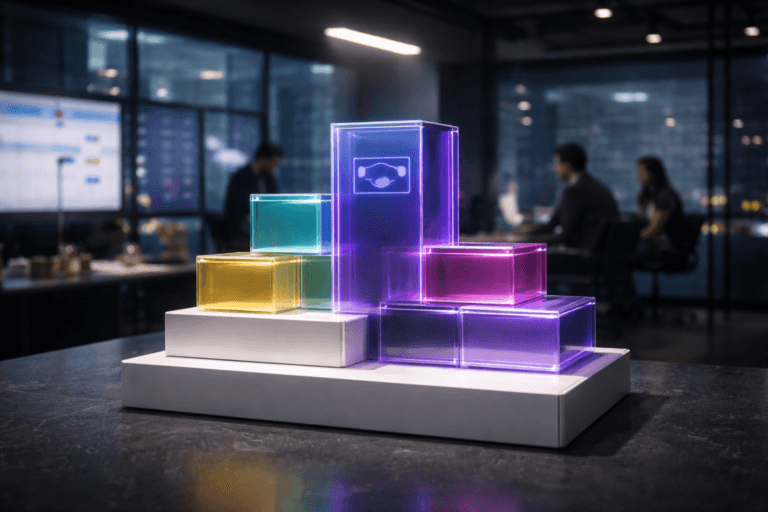 A photorealistic medium-wide cinematic shot, camera positioned approximately 1–2 meters from the subject, capturing a set of glossy, color-coded modular building blocks made of premium acrylic, neatly interlocking to form an organized, tiered structure on a sleek three-level white awards podium, the central tallest block acting as the hero element with a subtle abstract dashboard-like icon and delicate integrated light strips suggesting a unified feedback management platform, clearly readable within a realistic environment. The object integrates subtle electric-purple #7B63FF accents running through thin illuminated seams and edge glows, indicating intelligence and real-time activity without overpowering realism. Set in a contemporary tech-company UX war-room at night, with a panoramic wall of softly blurred analytics and feedback dashboards on large screens, glass walls revealing a moody city skyline with restrained neon reflections, and a few diverse UX and product professionals in the background collaborating around laptops and a glass whiteboard, naturally posed and slightly out of focus. Lighting is low-key and practical, coming from the screens, desk lamps, and city glow, complemented by a soft integrated white spotlight from above that gently highlights the modular blocks and podium, revealing form, texture, and depth. Cinematic realism, 35mm lens look, natural shallow-to-medium depth of field, neutral corporate palette with restrained electric-purple accents, premium materials, ultra-detailed, 8K, no text, no captions, no watermarks.