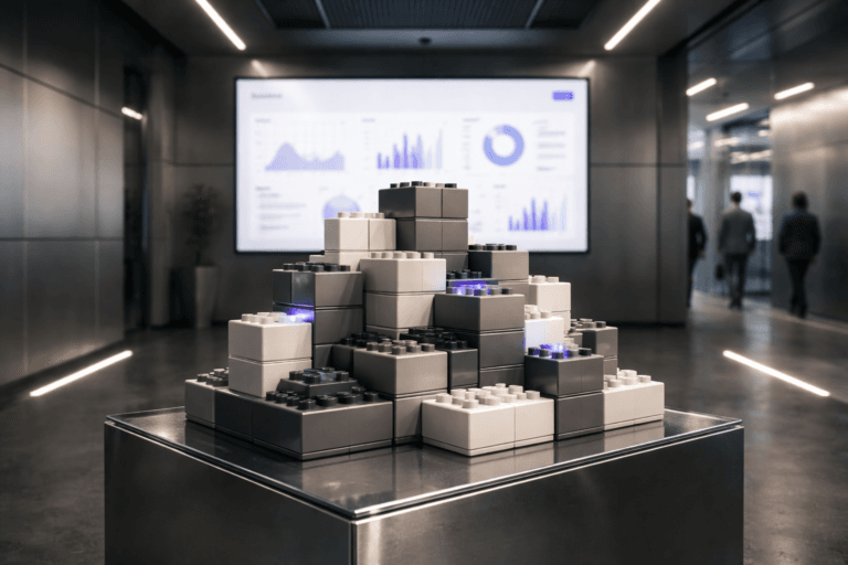 A photorealistic medium-wide cinematic shot, camera positioned approximately 1–2 meters from the subject, capturing a precise arrangement of real modular building blocks made of matte and glossy premium plastic in neutral corporate tones, stacked and interlocked into an organized, symmetrical structure on a sleek glass pedestal; behind it, a large wall-mounted screen displays a generic online reputation management dashboard with abstract charts and graphs and a subtle, text-free SaaS-style logo in the corner, all clearly readable within a realistic environment. The object integrates subtle electric-purple (#7B63FF) accents indicating intelligence or activity without overpowering realism. Set in a spotless metallic corporate corridor inspired by a ventilation tunnel, with brushed steel walls, integrated ventilation grilles, linear LED light strips along ceiling and floor, and distant glass doors hinting at a tech operations war room, with a few blurred professionals in business-casual attire walking and collaborating in the background. Lighting is low-key and practical, coming from the ceiling strips, the screen glow, and complemented by a soft integrated white spotlight from the upper side, gently revealing form, texture, and depth on the blocks and metal surfaces. Cinematic realism, natural shallow-to-medium depth of field, subtle tech-noir atmosphere, premium materials, ultra-detailed, 8K, no captions, no text overlays, no watermarks.