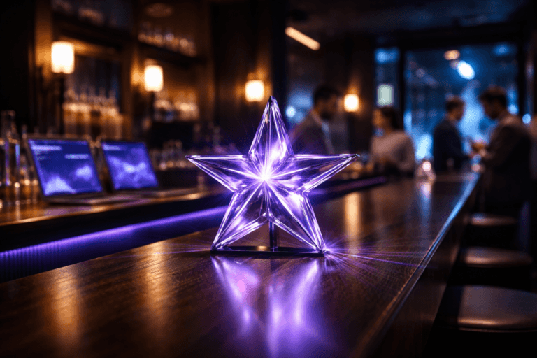 A photorealistic medium-wide cinematic shot, camera positioned approximately 1–2 meters from the subject, capturing a sleek luminous crystal star-shaped sculpture resting on a dark polished wooden bar counter, its glass-and-metal facets emitting subtle electric-purple #7B63FF rays in all directions to suggest influencer reach and data-driven intelligence, clearly readable as the hero object within a realistic environment. The object integrates subtle electric-purple accents indicating intelligence or activity without overpowering realism. Set in a dim, upscale tech-noir cocktail bar with dark wood and brushed metal finishes, a long polished counter, soft purple-blue LED accents along the bar edge, blurred professionals in smart-casual attire talking and checking smartphones, with a couple of open laptops showing abstract, text-free analytics dashboards in the background, and hints of a futuristic city street at night through a window, with natural human presence in the background or periphery. Lighting is low-key and practical from bar lamps, wall sconces, and device screens, complemented by a soft integrated white spotlight from above that gently highlights the star sculpture and the wood grain, revealing form, texture, and depth. Cinematic realism, 35mm lens look, natural shallow-to-medium depth of field, premium materials, ultra-detailed, 8K, no captions, no text overlays, no watermarks.