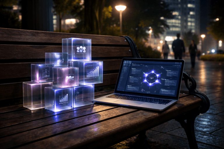 A photorealistic medium-wide cinematic shot, camera positioned approximately 1–2 meters from the subject, capturing a set of premium, interlocking translucent acrylic “data blocks” in muted corporate colors, neatly assembled into a stylized, organized structure on a wooden and cast-iron park bench, beside a slim ultrabook open to a unified marketing integration platform dashboard with a subtle, generic logo clearly visible on the screen, all elements crisply readable within a realistic environment. The object integrates subtle electric-purple (#7B63FF) accents along the edges and inner glow of the blocks and in key interface highlights on the laptop, indicating intelligence and data flow without overpowering realism. Set in a nighttime urban park with the wooden and cast-iron bench under a streetlamp, wet stone pavement catching soft reflections from distant office windows and digital billboards, a faint haze in the cool air and a few blurred professionals and pedestrians in the background walking and chatting near the path, evoking a grounded tech-noir atmosphere. Lighting is low-key and practical, coming from the overhead streetlamp, ambient city glow, and the laptop screen, complemented by a soft integrated white spotlight from the side, gently revealing form, texture, and depth of the blocks, bench, and laptop. Cinematic realism, natural depth of field, premium materials, ultra-detailed, 8K, no captions, no text overlays, no watermarks.