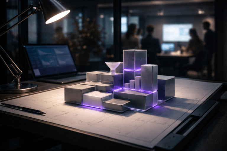 A photorealistic medium-wide cinematic shot, camera positioned approximately 1–2 meters from the subject, capturing a set of neatly arranged, premium modular construction blocks made of matte and translucent acrylic in neutral corporate tones, each block cleanly interlocking to form an organized, tiered structure on an architect’s inclined drawing desk, subtly evoking modular low-code marketing workflows, clearly readable within a realistic environment. The object integrates subtle electric-purple (#7B63FF) accents as thin illuminated lines and edge glows between the blocks, suggesting data flow and intelligence without overpowering realism. Set in a contemporary tech-marketing office at night with a distinct Tech-Noir mood, the inclined architect’s drafting table and articulated metal desk lamp dominate the foreground, while a slim, unbranded laptop and secondary monitor display soft, out-of-focus interface panels and analytics graphs (no legible text), glass partitions reveal a diverse group of marketing professionals collaborating around screens and whiteboards in the mid-ground, and distant city lights cast cool blue reflections through large windows in the background, with natural human presence in the periphery. Lighting is low-key and practical, primarily from the articulated lamp, laptop and monitor screens and distant city glow, complemented by a soft integrated white spotlight from the upper side that gently reveals the form, texture, and depth of the acrylic blocks and desk surface, creating subtle reflections on brushed metal and glass. Cinematic realism, natural shallow-to-medium depth of field, 35mm lens look, neutral greys, charcoals, and soft whites balanced with restrained electric-purple and teal accents, premium materials, ultra-detailed, 8K, no text, no watermarks.