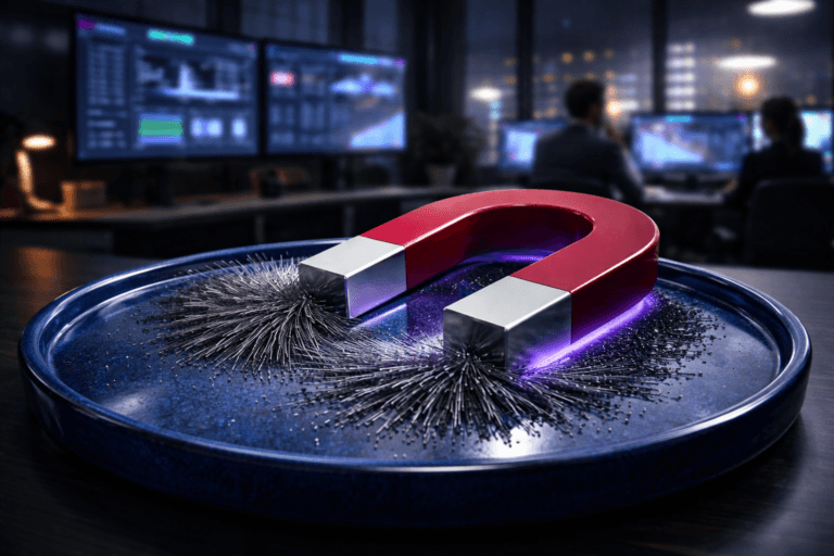 A photorealistic medium-wide cinematic shot, camera positioned approximately 1–2 meters from the subject, capturing a glossy red-and-metal horseshoe magnet placed on a cobalt-blue glazed ceramic surface, realistically attracting fine iron filings arranged in clear magnetic field patterns, the magnet and filings sharp and clearly readable as the hero object on a sleek marketing director’s desktop in a modern data-driven office. The object integrates subtle electric-purple (#7B63FF) accents indicating intelligence or activity without overpowering realism, with a faint electric-purple glow gently edging the iron filings and a soft purple reflection along the inner curve of the magnet, suggesting smart attraction of high-ROI affiliate partners. Set in a contemporary tech-noir performance-marketing control room at night, with large curved monitors in the midground displaying abstracted dashboards of affiliate campaigns and ROI charts (no legible text), city lights and neon reflections bleeding through a glass wall behind, and the natural human presence of diverse digital marketing professionals slightly out of focus in the background, seated or standing around workstations, reviewing data and collaborating. Lighting is low-key and practical, coming from monitor glow, a distant office floor lamp, and a soft integrated white spotlight from above to the side that gently reveals the form, texture, and depth of the magnet, iron filings, and cobalt ceramic surface, casting realistic shadows and subtle reflections. Cinematic realism, natural shallow-to-medium depth of field, premium materials, ultra-detailed, 8K, neutral corporate palette with restrained neon purple and teal accents, no captions, no legible on-screen text, no watermarks.