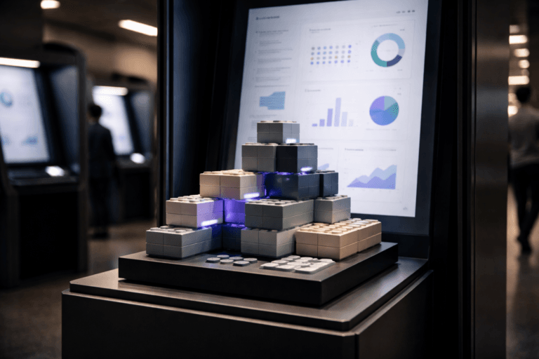A photorealistic medium-wide cinematic shot, camera positioned approximately 1–2 meters from the subject, capturing a physically real set of glossy modular building blocks in muted corporate tones, interlocking in an intricate, tiered configuration on a sleek black pedestal inside a modern self-service digital kiosk, in front of a large vertical touchscreen showing soft, abstract account-based marketing dashboards and segmented data visualizations without readable text or specific brand logos, clearly readable within a realistic environment. The object integrates subtle electric-purple #7B63FF accents indicating intelligence or activity without overpowering realism. Set in a moody, tech-noir corporate corridor lined with semi-enclosed voting-booth-style self-service kiosks, brushed metal wall panels and polished concrete floors, with a few diverse business professionals in smart-casual attire moving and interacting softly out of focus in the background and periphery. Lighting is low-key and practical, coming from the kiosk screen glow and discrete ceiling strips, complemented by a soft integrated white spotlight from above and slightly to the side, gently revealing form, texture, and depth on the blocks, kiosk frame, and nearby surfaces. Cinematic realism, natural shallow-to-medium depth of field, premium materials, ultra-detailed, 8K, no captions, no text overlays, no watermarks, no recognizable real-world logos.