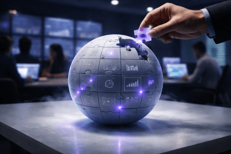 A photorealistic medium-wide cinematic shot, camera positioned approximately 1–2 meters from the subject, capturing a tangible spherical 3D puzzle globe made of interlocking matte acrylic tiles, the final missing piece being carefully placed by a human hand, each tile subtly etched with tiny abstract analytics graphs and channel icons to evoke an integrated content marketing control panel, clearly readable within a realistic environment. The object integrates subtle electric-purple (#7B63FF) accents indicating intelligence or activity without overpowering realism, with faint purple light tracing the puzzle seams and gently reflecting on the white surface. Set in a modern tech-noir marketing “war room” office: the puzzle rests on a sleek, solid, ice-white frosted-glass conference table that feels like a refined dry-ice slab, with a faint cool haze close to the surface, in the background a large wall of softly glowing screens shows blurred real-time dashboards and charts, and a diverse group of marketers is seen out of focus collaborating around the room, their laptops and monitors adding soft ambient glows. Lighting is low-key and practical, coming from the wall screens, a few ceiling track lights, and a subtle electric-purple accent strip, complemented by a soft integrated white spotlight from above and slightly to the side, gently revealing form, texture, and depth on the spherical puzzle and the human hand while keeping the background moodier. Cinematic realism, natural shallow-to-medium depth of field with the puzzle as the sharp focal point, premium materials, subtle tech-noir atmosphere, neutral corporate palette with restrained neon purple accents, ultra-detailed, 8K, no text, no UI captions, no watermarks.