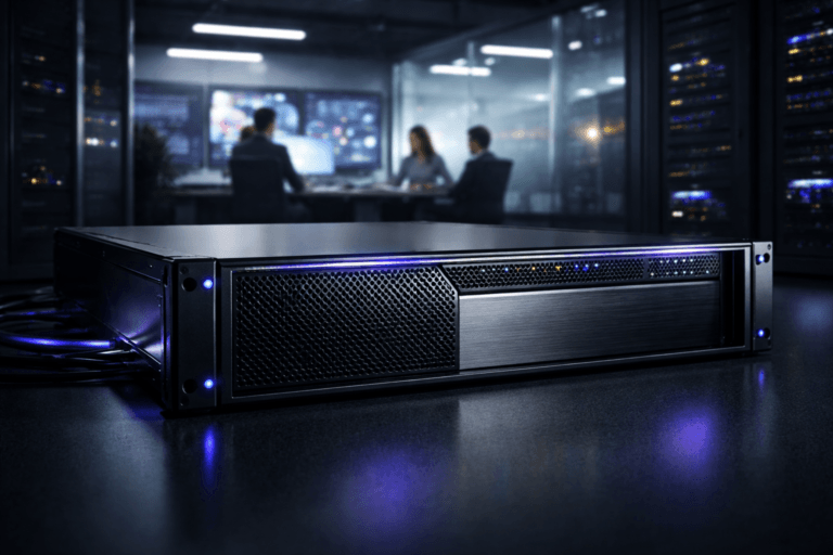 A photorealistic medium-wide cinematic shot, camera positioned approximately 1–2 meters from the subject, capturing a premium black rack-mounted enterprise server as the hero object, its brushed metal front panel and precise venting clearly visible, rows of softly blinking status LEDs and subtle electric-purple #7B63FF light accents running along a slim edge strip and cable highlights to suggest AI-driven marketing intelligence, all clearly readable within a realistic environment. The object integrates subtle electric-purple accents indicating intelligence or activity without overpowering realism. Set in a pristine, high-end clean-room style AI marketing operations and data center environment: polished dark floor, other server racks receding into soft focus, glass partitions separating the server corridor from a modern control room where a few diverse marketing professionals in business-casual attire review large dashboard screens and collaborate candidly in the background, city lights and muted neon reflections hinting at a tech-noir skyline through distant windows. Lighting is low-key and practical, combining soft white overhead panels, the cool glow of screens, and a gentle white spotlight from the side that sculpts the server’s form, texture, and depth while keeping the background slightly dimmer. Cinematic realism, natural shallow-to-medium depth of field, premium materials, ultra-detailed, 8K, no captions, no text overlays, no watermarks.