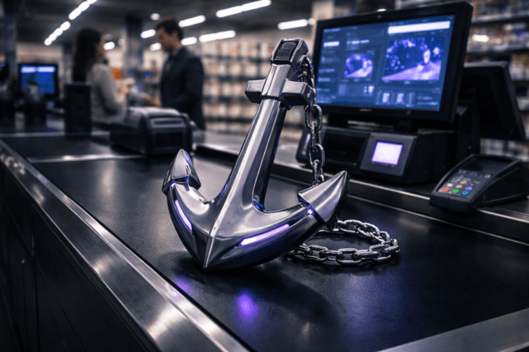 A photorealistic medium-wide cinematic shot, camera positioned approximately 1–2 meters from the subject, capturing a medium-sized polished steel ship anchor sculpture with a precise, machined finish, its heavy flukes and a short, taut metal chain segment firmly set on a glossy black supermarket checkout conveyor belt, clearly readable within a realistic environment. The object integrates subtle electric-purple accents indicating intelligence or activity without overpowering realism, with discreet #7B63FF indicator lines and tiny embedded LEDs along the contours of the anchor that catch the light. Set in a late-night Tech-Noir supermarket checkout environment, with the black conveyor, barcode scanner, payment terminal, and dual checkout monitors behind the anchor softly glowing with a sleek influencer-marketing-style analytics dashboard composed of abstract charts, graphs, and avatar grids with no readable text, while supermarket shelves and aisles recede into a softly blurred background. Natural human presence appears in the periphery: a diverse, professional cashier and a couple of shoppers in candid poses, slightly out of focus so the anchor remains the hero object. Lighting is low-key and practical, coming from overhead store fixtures and the cool glow of the screens, complemented by a soft integrated white spotlight from above and slightly to the side of the anchor, gently revealing form, brushed metal texture, reflections, and depth on the object and conveyor belt. Cinematic realism, natural shallow-to-medium depth of field, neutral corporate tones with restrained electric-purple #7B63FF and cool bluish accents, 35mm lens look, premium materials, ultra-detailed, 8K, no captions, no text overlays, no watermarks.