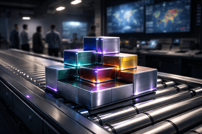 A photorealistic medium-wide cinematic shot, camera positioned approximately 1–2 meters from the subject, capturing a set of glossy, modular, color‑coded construction blocks made of glass and brushed metal, perfectly interlocking into a tidy, tiered structure placed on a moving industrial conveyor belt with silver rollers, clearly readable as the hero object within a realistic environment. The object integrates subtle electric‑purple #7B63FF accents as thin illuminated edges and soft reflections between the blocks, gently suggesting intelligent data flow and activity without overpowering realism. Set in a sophisticated Tech‑Noir industrial control space that feels like a hybrid between a warehouse operations floor and a data command center, with the conveyor stretching into the midground, cool metal and concrete surfaces, and large wall‑mounted screens in the background displaying softly blurred city maps and heatmaps of customer activity. Natural human presence appears in the background and periphery as a small group of diverse professionals in smart‑casual attire, slightly out of focus, observing the screens and walking along the conveyor line, their posture candid and neutral. Lighting is low‑key and practical, coming from overhead industrial fixtures, the glow of the screens, and a few subtle purple accent LEDs along the machinery, complemented by a soft integrated white spotlight from above and slightly to the side, gently revealing the form, texture, and depth of the modular blocks and the metallic rollers. Cinematic realism, natural shallow‑to‑medium depth of field, neutral corporate tones with restrained neon purple accents, premium materials, ultra‑detailed, 8K, no captions, no text overlays, no watermarks.