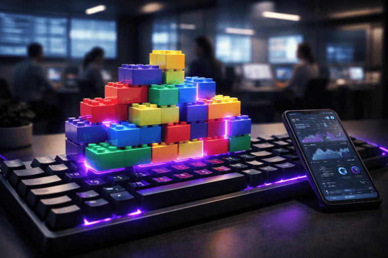 A photorealistic medium-wide cinematic shot, camera positioned approximately 1–2 meters from the subject, capturing a set of colorful modular plastic building blocks, perfectly interlocking in an advanced, highly organized structure, resting across the keys of an oversized backlit mechanical keyboard on a sleek desk, next to a modern smartphone displaying a detailed but non-legible real-time mobile marketing control-panel dashboard, clearly readable as the hero object within a realistic environment. The object integrates subtle electric-purple (#7B63FF) accents indicating intelligence or activity without overpowering realism, with a faint electric-purple glow on a few keycaps, block edges, and UI highlights on the phone. Set in a Tech-Noir modern marketing war-room office at night, with multiple large monitors on the walls showing blurred analytics and campaign dashboards, glass partitions, and a few diverse marketing professionals in smart casual attire softly out of focus in the background, collaborating and glancing at screens. Lighting is low-key and practical, coming from monitor glow, the smartphone screen, and the keyboard backlight, complemented by a soft integrated white spotlight from above and slightly to the side, gently revealing the form, texture, and depth of the blocks, keyboard, and phone. Cinematic realism, natural depth of field, 35mm lens look, premium materials, ultra-detailed, 8K, neutral corporate color palette with restrained neon accents, no text, no logos, no watermarks, no isometric perspective.