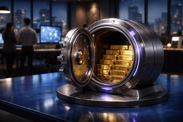 A photorealistic medium-wide cinematic shot, camera positioned approximately 1–2 meters from the subject, capturing a circular steel bank vault door used as a tabletop safe, slightly open and resting solidly on a glossy cobalt-blue glazed ceramic surface, its interior neatly stacked with gleaming gold bars, all highly detailed and clearly readable within a realistic environment; the vault is engineered with subtle electric-purple (#7B63FF) accents along its outer rim and a thin illuminated interface ring near the opening, hinting at intelligent, data-driven activity without feeling sci-fi or exaggerated. Set in a modern tech-noir corporate office at night, inspired by a Brazilian SaaS marketing workspace, with the cobalt-blue ceramic surface integrated as a sleek conference table near floor-to-ceiling windows showing a softly blurred city skyline; in the mid- and background, out-of-focus diverse marketing professionals in business-casual attire collaborate around large monitors that display abstract, unfocused data visualizations and network-like referral diagrams, reinforcing the idea of a referral marketing platform without any readable text. Lighting is low-key and practical, coming from computer screens, a few desk lamps, and distant city lights, complemented by a soft integrated white spotlight from above and slightly to the side that gently reveals the metal texture of the vault, reflections on the cobalt ceramic, and the warm sheen of the gold bars; subtle neon-style electric purple and cool blue accents appear in screen glows and edge reflections, balanced with neutral corporate grays and deep shadows to maintain realism. Cinematic realism, natural shallow-to-medium depth of field, 35mm photographic look, premium materials, ultra-detailed, 8K, tech-noir atmosphere, no captions, no text overlays, no legible logos, no watermarks.
